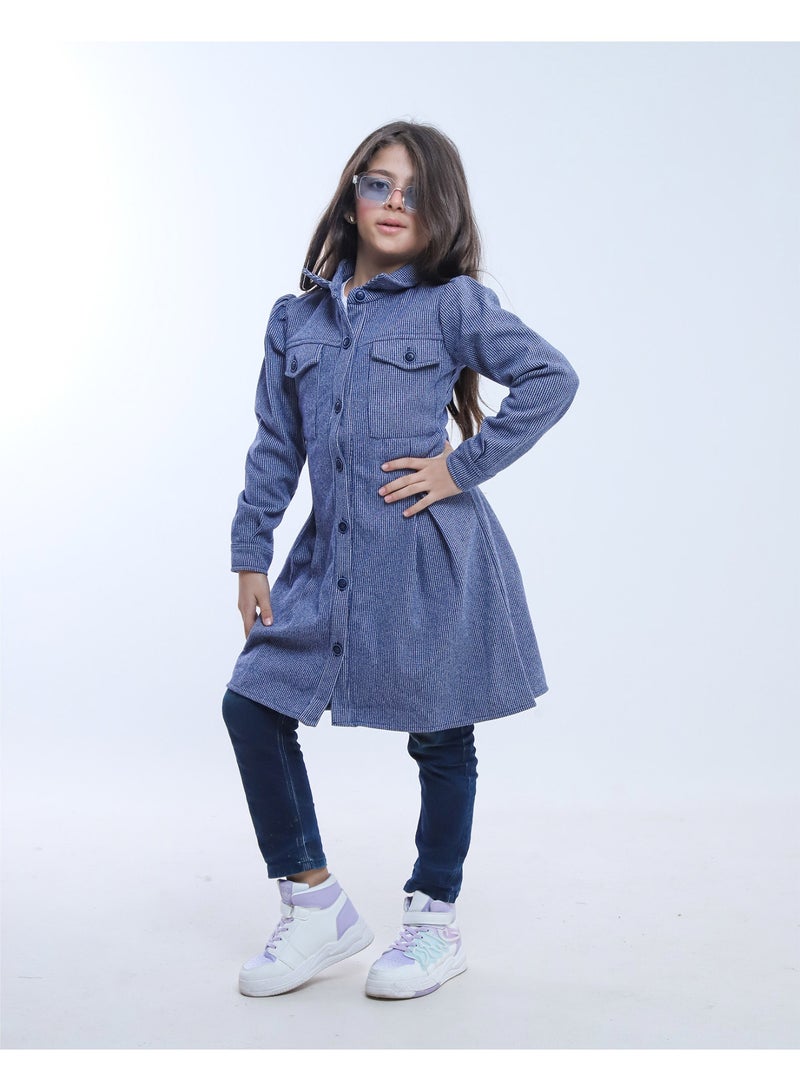 بيبو فستان بناتي سادة قصير أكمام طويلة_ازرق - Image 1